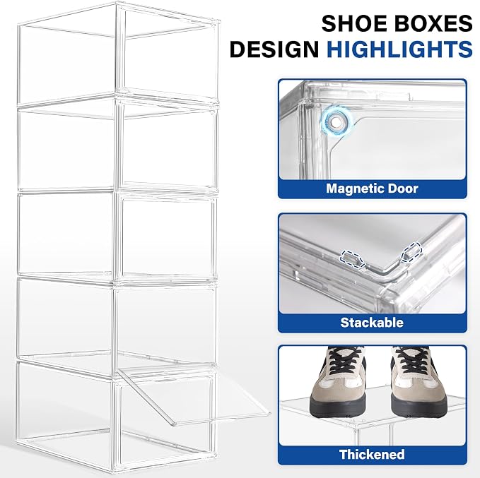 1 Pack Drop Front Shoe Boxes Acrylic Box Sneaker Case, Size 12 | Transparent Display Cases for Sneaker Collections, Baseball Caps, Hat Organizer Dust-free Shoe Cubbies