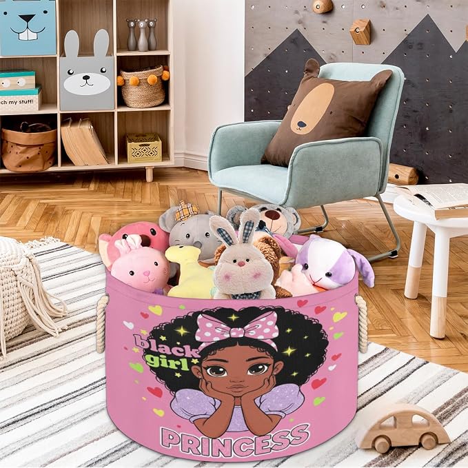 Large Storage Baskets, Black Girl Princess Nursery Organizer Bin Box with Handles Collapsible Round Laundry Hamper for Kids Toys Pet Blanket, Bedroom Living Room Home Decor Gift Basket
