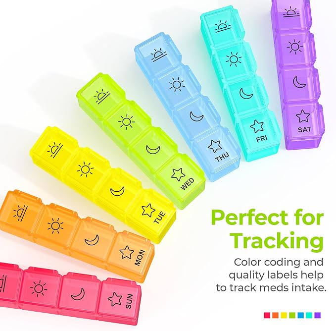 AUVON Large Moisture-Proof Weekly Pill Organizer 4 Times a Day, BPA-Free | 7 Day Pill Box Case with Portable Design for Travel, Removable Individual Containers Hold Vitamins, Supplements, Medications