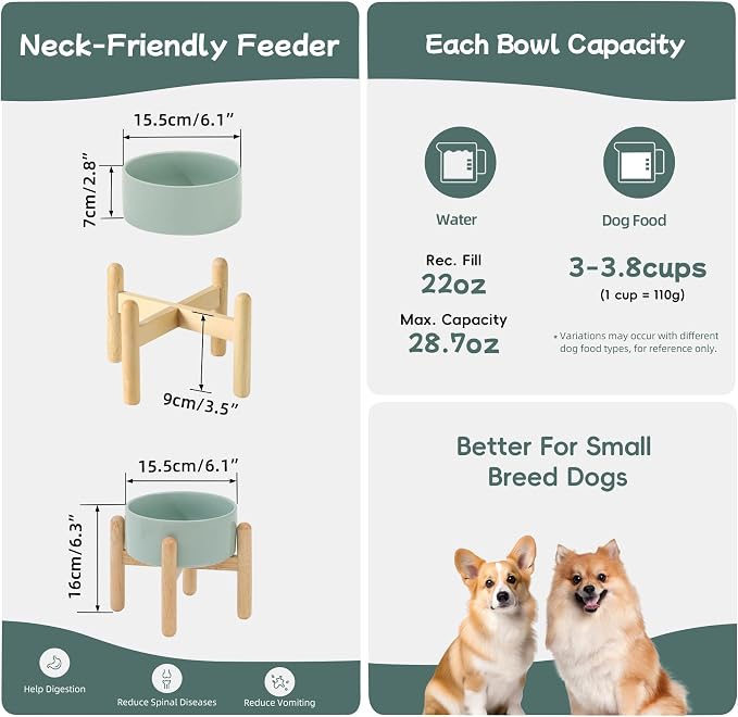 Havniva Ceramic Dog Bowls Elevated, Raised Dog Food Bowl for Small Dogs | 6.1” Elevated Dog Bowls, Non-Slip Wood Stand, Dog Food and Water Bowl Set, Dog Feeding Dish, Large Capacity Pet Water Bowl