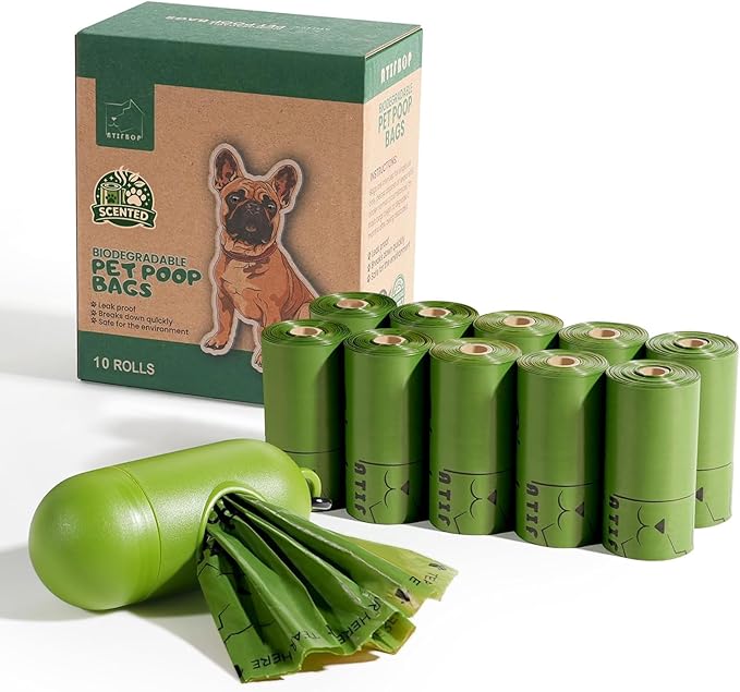 ATIFBOP Biodegradable Dog Poop Bags 150 Count 10 Rolls with Dispenser, Thicken and Leak Proof Poop Bag Holders for Leashes(Scented) | Strong & Extra Thick 9×13 Inch Refill Bags for Dog Walks, Cat Litter Cleanup, Baby Diaper Disposal & Everyday Carry