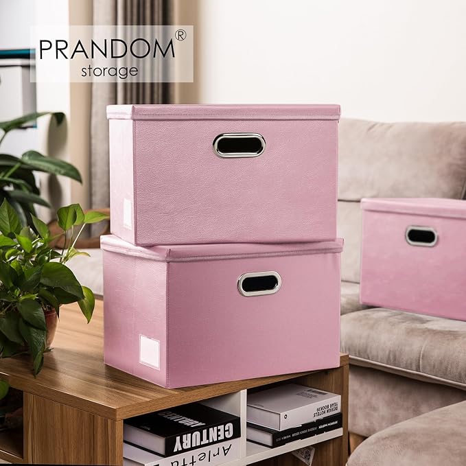 Large Collapsible Storage Box with Lid [1-Pack] Leather Fabric Foldable Storage Bin Organizer Container Basket Cube with Cover for Home Bedroom Closet Office Nursery Pink (17.7x11.8x11.8)