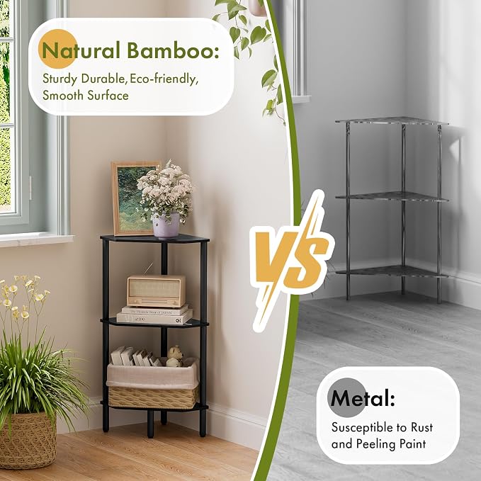 Black Corner Bathroom Shelf, 3 Tier Bamboo Kitchen Corner Shelves, Display Shelf, Shower Corner Caddy, Indoor Plant Stand Balcony, Freestanding Storage Organizer Stand for Living Room, Small Spaces