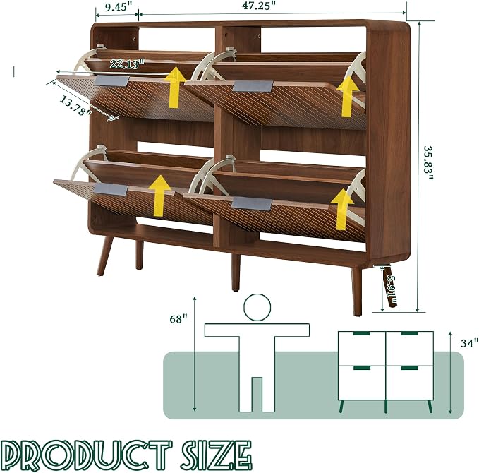 FurSch 47" Fluted Large Shoe Cabinet with 4 Flip Drawers | Slim Freestanding Organizer, Narrow Storage Rack for Entryway, 5 Sturdy Legs