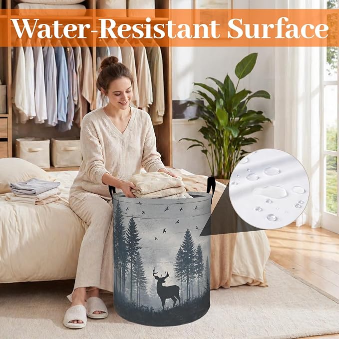 Rustic Deer Laundry Basket, Pine Tree Forest and Bird Oxford Cloth Dirty Clothes Collapsible Hamper for Room Decor, Woodland Gifts, Toy Organizer 19.7 x 15.7 Inches for Bedroom Bathroom Dorm