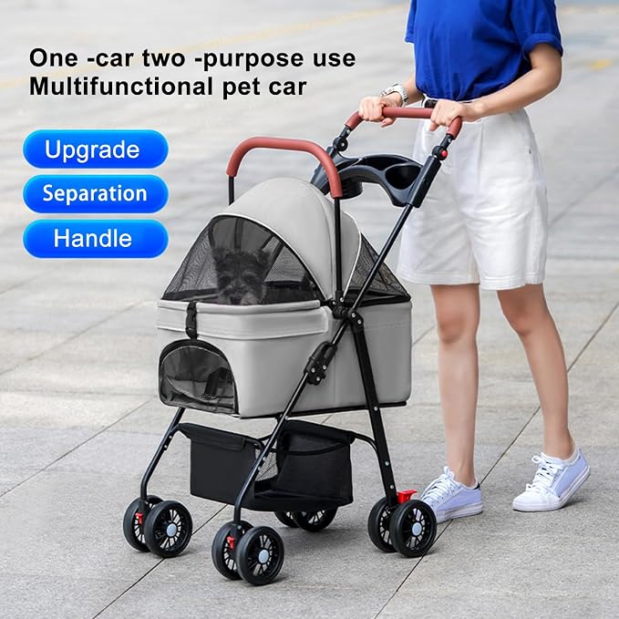 4 Wheels Dog Stroller Folding Pet Strolling Cart for Small Medium Cats Puppies, Dog Stroller, Portable Jogger Travel Camping Puppy Carrier with Storage Basket Cup Holder 1 Set