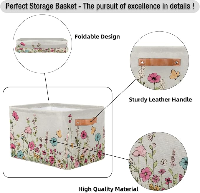 Rectangle Storage Baskets for Organizing - Foldable Storage Bin Cubes with Handles, Large Organizer Bins Boxes Toy Closet Shelf Nursery Laundry Basket, 1 Pcs(Wildflowers Floral)
