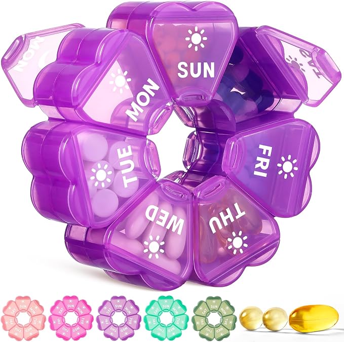 LANDNEOO Weekly Pill Organizer 2 Times a Day, Cute Double-Sided AM PM Pill Case 7 Day, Purple Travel Pill Box for Medication, Vitamins, Fish Oils, Supplements - Purple