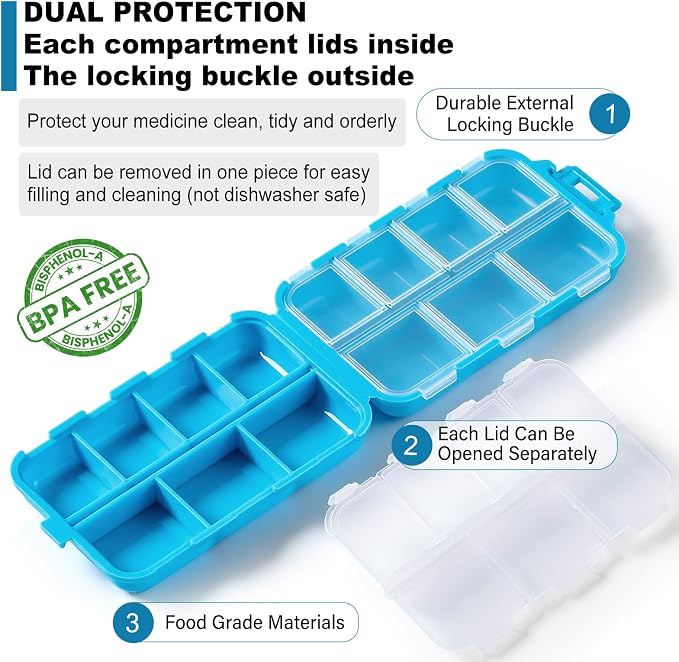 14 GRIDS Travel Pill Organizer Box with Labels - Travel Medicine Case Kit - Pocket Daily Pharmacy Container - Travel Medication Holder Dispenser for Fish Oil Vitamin Supplement Storage - Blue