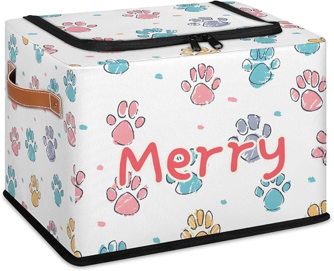 Custom Cute Footprint Storage-Bin With Zipper Lid for Kids-Girls-Boys-Baby-Pet,Personalized Name Foldable Storage Box with Handle,Baby Basket With Label for Bedroom Nursery Toy Clothes,White