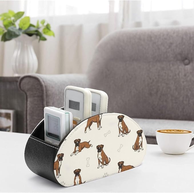 TV Remote Control Holder Boxer Dog Pet Desktop Storage Caddy Box | Pu Leather Makeup Brush Organizer with 5 Compartments, Boxer Dog Pattern Dog Lover Pet, Fit for Media Player, Office Supplies