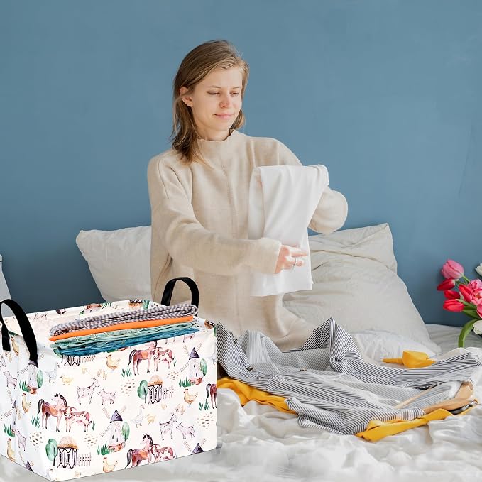 Storage Basket Home Shelf Basket Organizer Box Clothes Laundry Hamper Nursery Bin Gift Laundry Basket with Handles Rectangle Farm Pattern for Home
