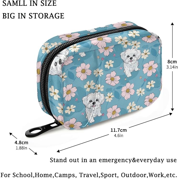 Fustylead Cute Cartoon Maltese and Daisy Flowers Pill Organizer Travel Bag, Small Portable Pill Case Cute for Vitamin Fish Oil Supplements Medicine Organizer with Zipper