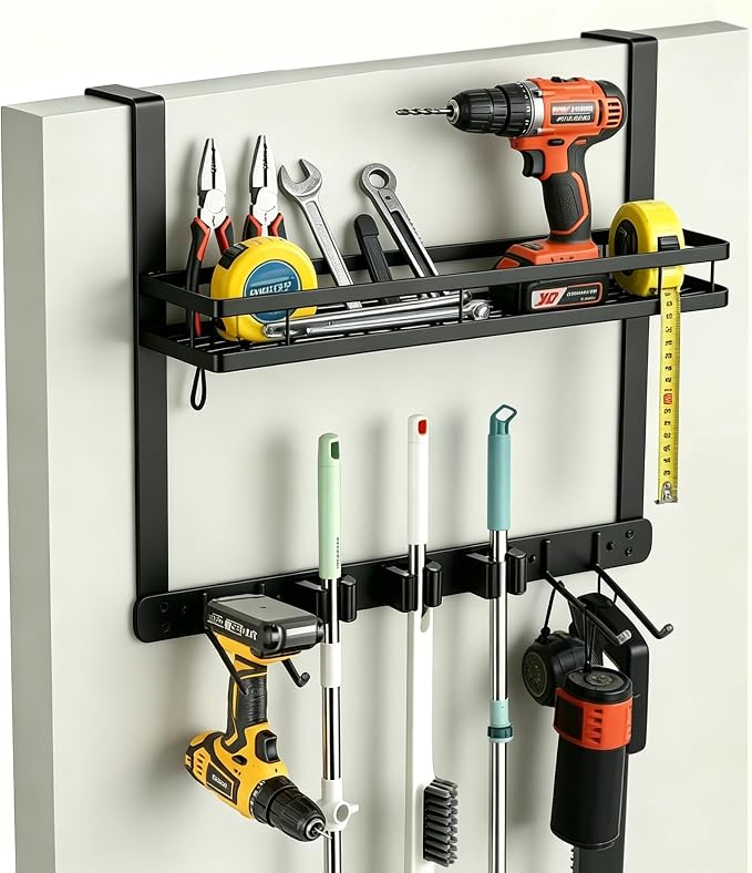 Broom Holder Door Mount,Door Mounted Broom and Mop Holder with Dual Tool Hooks, Three Slots, and One Tool Storage Basket For Laundry Room, Garage, Closet, warehouse, Kitchen Decor (black)