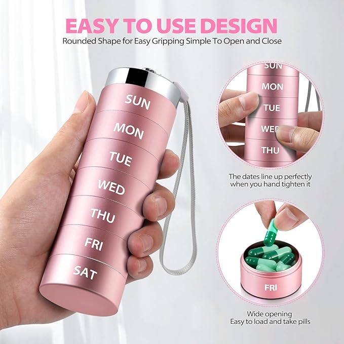Metal Large Pill Organizer, Travel Weekly Pill Box, 7 Day Pill Container | OUVBTX Portable Aluminum Alloy Waterproof Case, 7 Day Daily Medicine Organizer Holder for Vitamin, Fish Oil, Supplement, Pink