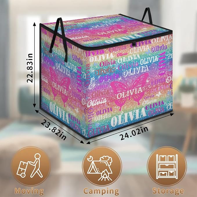 Personalized Name Large Storage Basket with Lid, Bling Bling Colorful Glittering with Butterfly Storage Bins Quilt Clothes Organizer for Bedroom, Kitchen, Bathroom, Nursery, Shelves, Closets