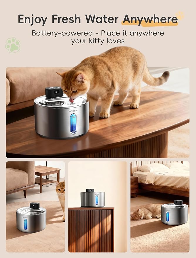 Wireless Cat Water Fountain, 135fl.oz/4L Stainless Steel Cat Fountain Battery Operated, Pet Water Dispenser Cordless for Cats & Dogs Indoor (5 Set Filter)