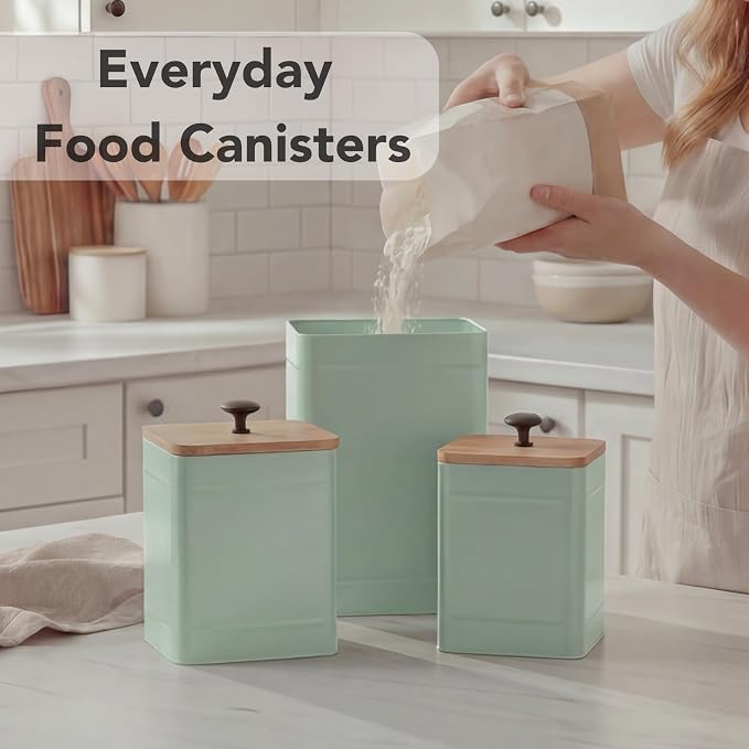 PERFNIQUE Kitchen Canisters for Countertop Set of 3, Airtight Canisters Sets for Kitchen Counter with Lid, Metal Farmhouse Food Storage Containers Jars for Flour Sugar Coffee Tea Spice (Sage Green)