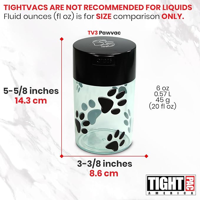 Pawvac 1 to 6 Ounces Container, Airtight Pet Food and Treats Storage Jar - Patented Vacuum Seal Container for Pet Food, Treats and other Dry Goods - Clear with Paws