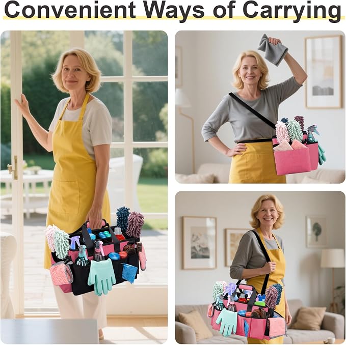 Wearable Large Cleaning Caddy Bag for Housekeepers (Rosered) | Cleaning Supplies Organizer with Adjustable Shoulder, Waist & Handle Straps, Detailing Bag for Kitchen Supplies