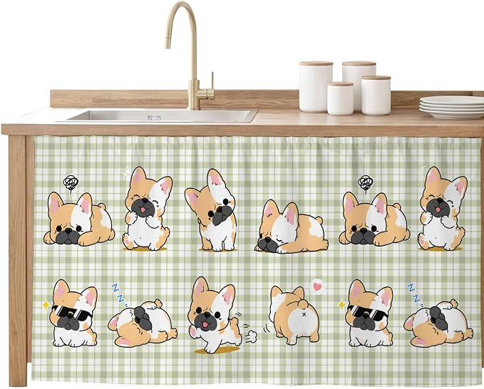 Cute Puppy Cabinet Curtains 28"x51" Sink Skirt for Bathroom Kitchen, Sage Green Plaid Modern Funny Dogs Pet Self Stick Adhesive Under Desk Covers Tall Laundry Cabinet Storage Organizer
