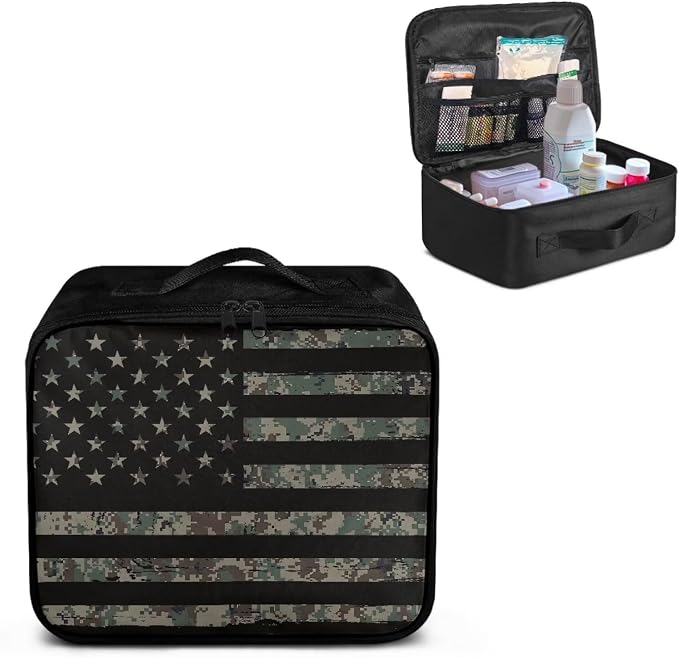Rnyleeg American Flag First Aid Travel Kit Army Green Camo First Aid Kit Bag Home Emergency Medical Supply Organizer with Handle and Zipper
