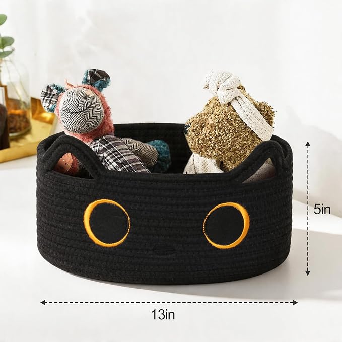 Cute Cat Toy Basket, Small Cotton Rope Toy Bin Box for Cats, Woven Organizer with Embroidered Face, Decorative Storage for Shelf, Desktop, Indoor Pet Bed, Halloween Basket Decor, Black