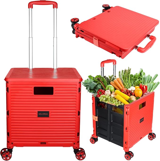 Foldable Utility Cart Portable Collapsible Crate Rolling Carts with Wheels Rolling Tote Basket Teacher Cart with Lid Wear-Resistant 360°Rotate Wheel Noiseless for Shopping Storage Office Use