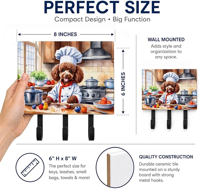 Caroline's Treasures Chocolate Poodle The Chef Leash or Key Holder Wall Hooks, Key Hooks Holder, Coat Rack Wall Mount, Coat Hooks, Hooks for Hanging Keys, Towels, Aprons, Leashes | Chocolate Poodle The Chef artwork on ceramic tile with three steel hook...