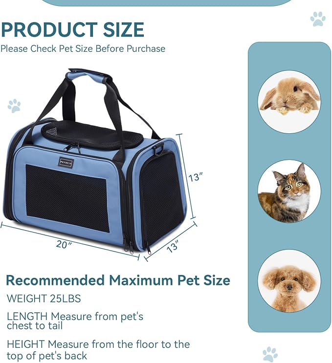 PETSFIT Dog Carrier for Small Dogs, Large, Blue | Soft-sided Pet Carrier, Safety leash included, For Pets Up to 25 Lbs
