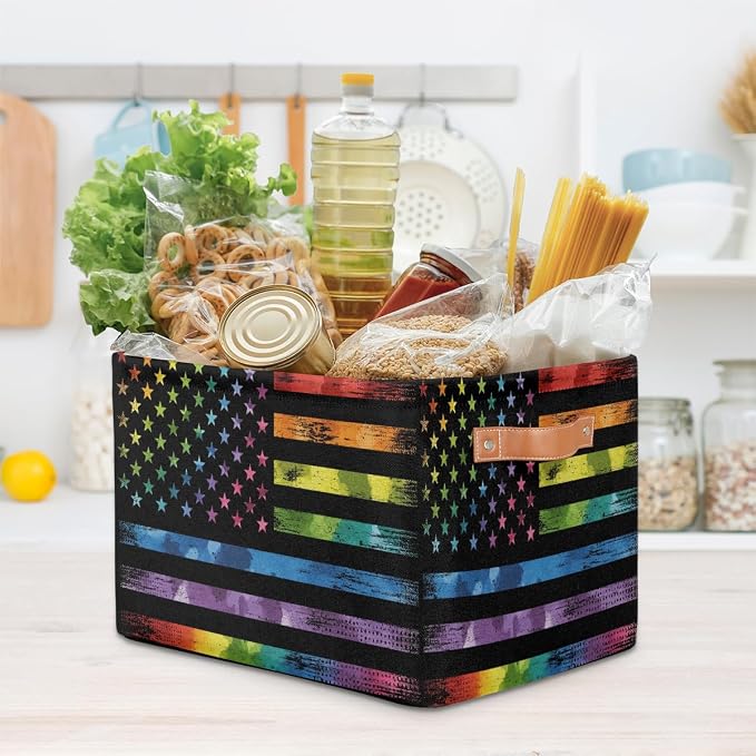 Pardick Flag Basket Storage Bins Rectangle Canvas Basket Cube Storage Box | Nursery Foldable Basket with Handle for Kids Girls Boys Toys Living Room Closet Organizer Shelf Gifts Camo Rainbow