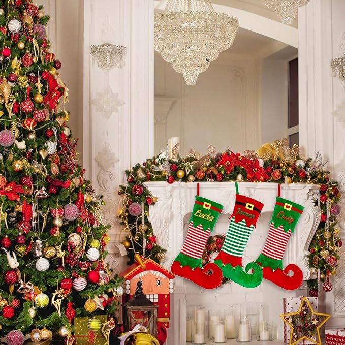 Personalized Christmas Stocking, Custom Christmas Stockings with Embroidery Name, 22" Large Elf Xmas Stocking for Kids, Fireplace Party Holiday Decoration(3 Pcs)