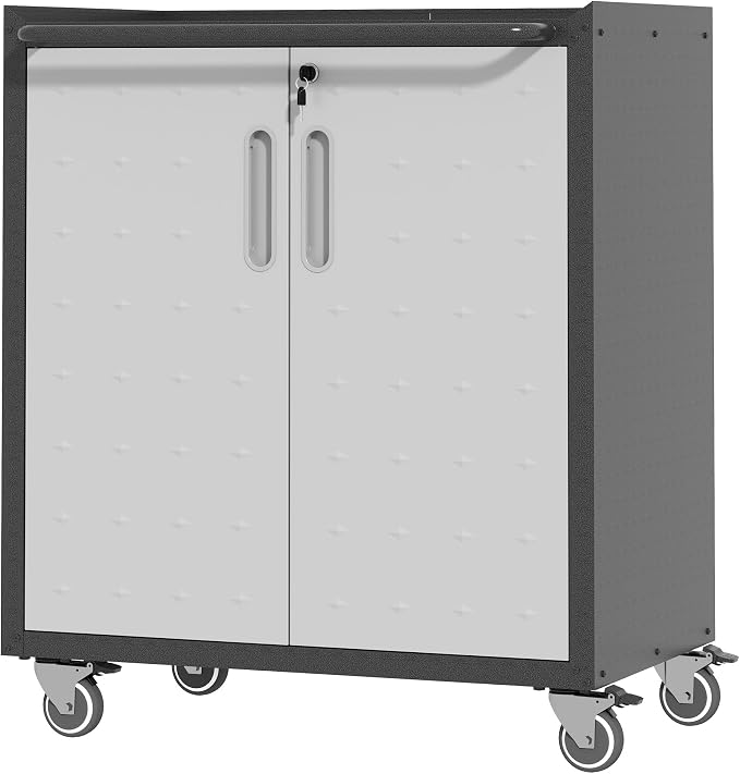 Metal Storage Cabinet for Garage, Tool Cabinet, Utility Cabinet | Wheeled, Rolling Tool Cabinet, Lockable, 2 Doors, Adjustable Shelves, Top Countertop, Assembly Required, Black & Grey