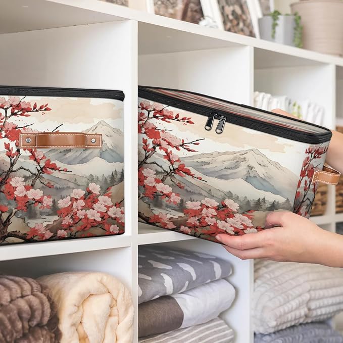 Storage Bins Japanese Cherry Blossoms Storage Basket with Zipper Lid & Handle Foldable Storage Box Storage Cube Bin Clothes Organizer for Closet, Bedroom