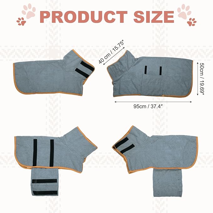 Dog Drying Coat, Dog Robes for After Bath Bathrobe Super Absorbent Towel Soft Adjustable, (XL, Gray&Orange Trim), Intended for Fast Drying Warm Keeping Pet Cats Kitten Puppies