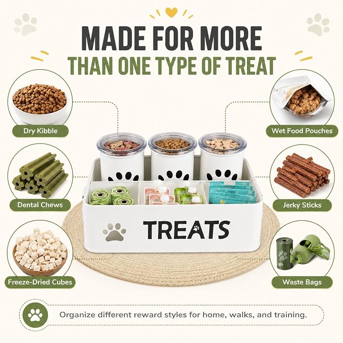 Dog Treat Organizer, 3 Pack 28 Oz Metal Dog Treat Containers with Airtight Lids, Dog Treat Jars and Canister Set for Countertop, Pet Food Treats Station for Dog Cat Biscuits, Kibble(White)