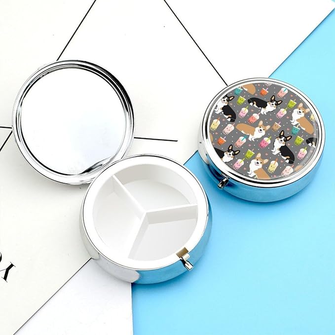 3 Compartment Round Pill Box Portable Metal Travel Pill Organizer | Cute Corgi Pet Pill Case to Hold Vitamins, Medication, Fish Oil and Supplements, Ideal for Purse & Pocket