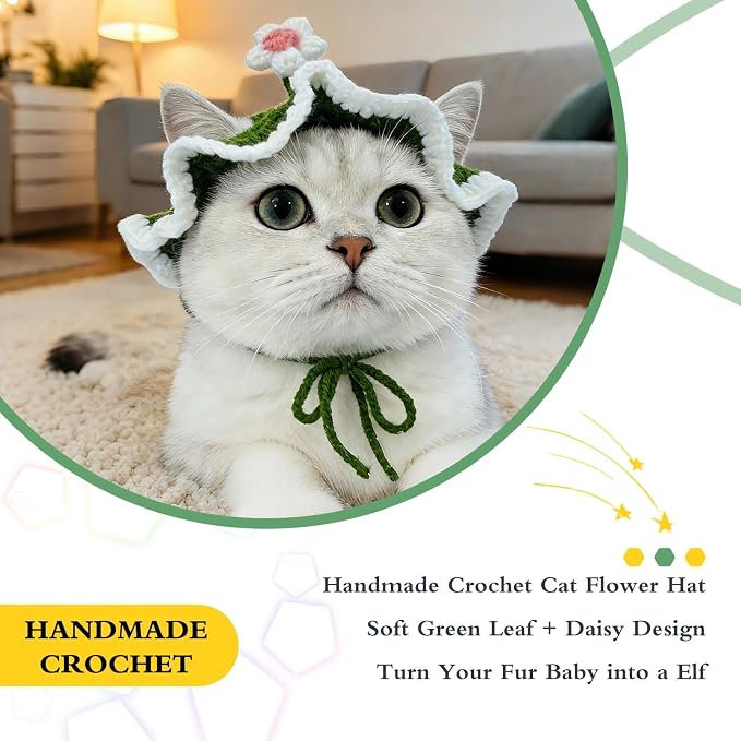 Flower Cat Hat, Cotton & Soft Cute Knitted Hats for Cats Birthday Party Spring Puppy Hat for Small Pets (Green,M)