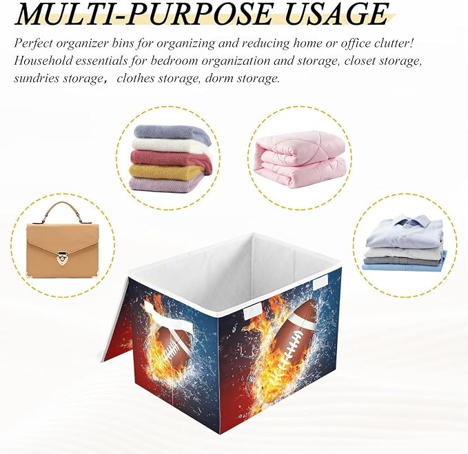 Fabric Storage Bins with Lid Football Fire Water Closet Storage Basket 40L | Decorative Storage Boxes, Dust-Proof Flip Top, Reinforced Handles, For Home & Bedroom, Clothes & Toy Box, Oxford Fabric Print