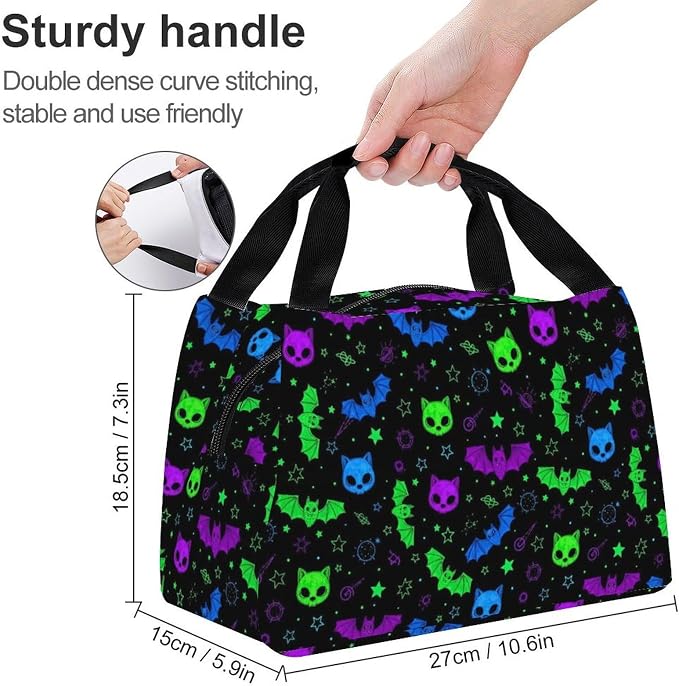 Insulated Lunch Cooler Bag with Handle, Neon Witch Bats | Leakproof Snack Tote, Cute Food Storage Bag, for Drinks Fruits Meals, Portable and Reusable