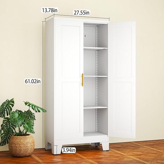 White Metal Storage Cabinet, 61" Kitchen Pantry Cabinets for Office | Steel Kitchen Pantry Storage with Doors and 3 Adjustable Shelves, Metal Tool Cabinet, for Office, Home, Garage, School