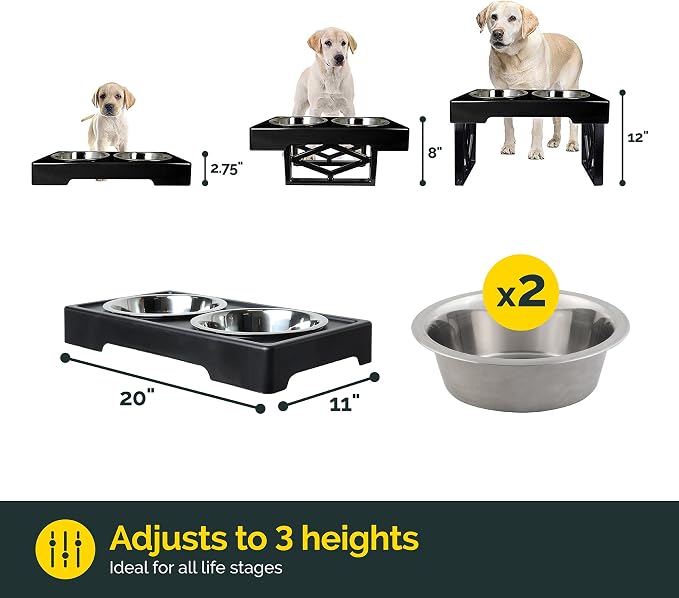Pet Zone Designer Diner Elevated Stainless Steel Dog Bowls Set, 3 Heights | Raised stand adjusts 2.75, 8 and 12 inches, suits small, medium and large breeds, food and water dishes included in bundle