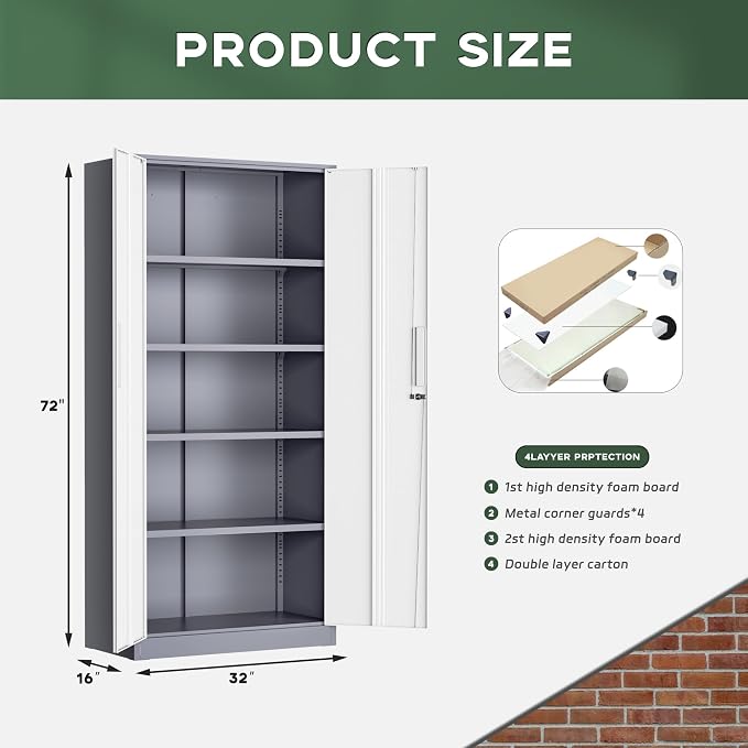 Greenvelly Metal Storage Cabinet, 72" Locking Metal Garage Storage Cabinet with Doors and 4 Adjustable Shelves, Lockable Steel Cabinet for Home Office, Garage, Shop, School (White Grey 32" W x 16" D)