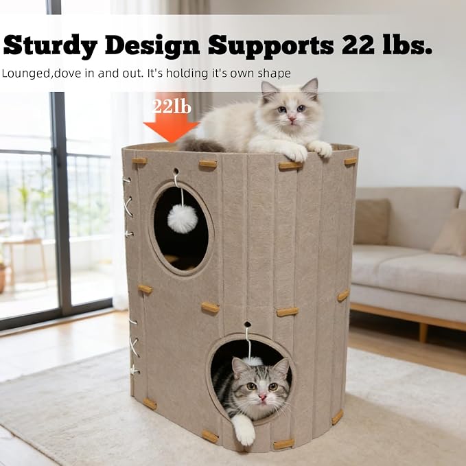 Cat House for Indoor Cats - 2 Storey Foldable Cat Bed Cave with Scratch-Resistant Felt Cats Tunnel Bed Condo & Hanging Fluffy Ball|Cozy Spacious Hideaway for Multi-Cats| Durable & Easy to Store, Cream