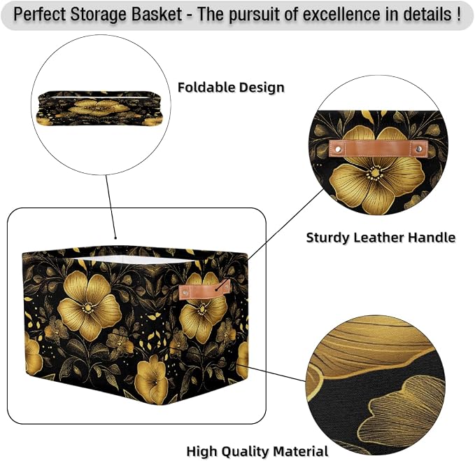 Rectangular Storage Basket Foldable Fabric Storage Bin Toy Baskets Organizer for Shelves Closet Bedroom Home Office, (Black Gold Flower)