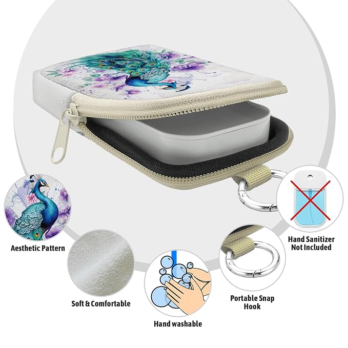Hand Sanitizer Holder, Peacock Spray Case Zippered Pouch | Keychain, Travel Size, Cute Fashion Accessory with Snap Hook, for Glow Mist and Power Mist 1FL OZ, Mini Small Pocket Clip on
