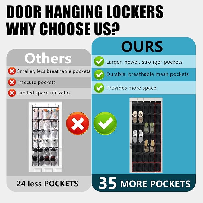 Over Door Shoe Organizer 35 Pocket Hanging Storage | No Drill Hanging Shoe Rack with Metal Hooks, Space Saving Organizer for Closet, Bedroom and Door Storage
