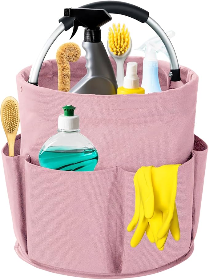 Cleaning Caddy with Handle, 17L Foldable Cleaning Supplies Organizer, Portable Storage Basket, Cleaning Supply Caddy, Multifunctional Cleaning Bucket Bag for Garden, Home, Kitchen (Pink)