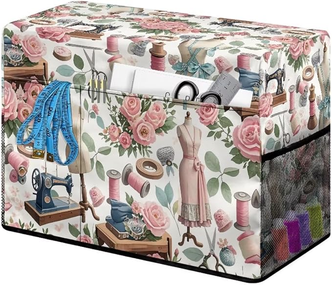 Sewing Machine Cover with Storage Pockets,Dust & Pet Hair Protection,Fits Standard Singer, Brother and Janome Machines, Protecting & Decorating Your Sewing Space Sewing Element(White)