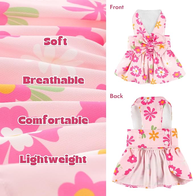 Dog Dress Harness Dresses Leash Set for Small Dogs Cute Girl Dog Clothes with Bowknot Puppy Outfits for Shih Tzu Yorkies Chihuahua (Medium, Floral)